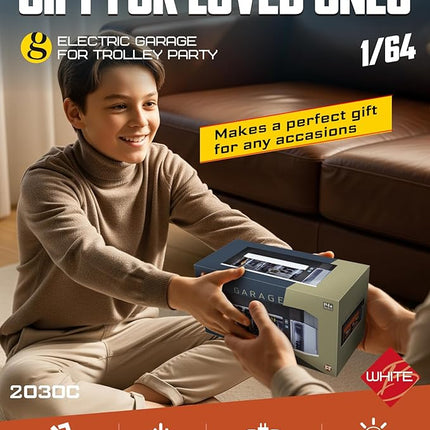 1/64 Scale Diecast Display Case for Hot Wheel Storage with LED Lights, Stackable Electric Garage with Voice Control, 3 Replaceable 3D Scenes Parking Lot Diorama for Model Cars (White)