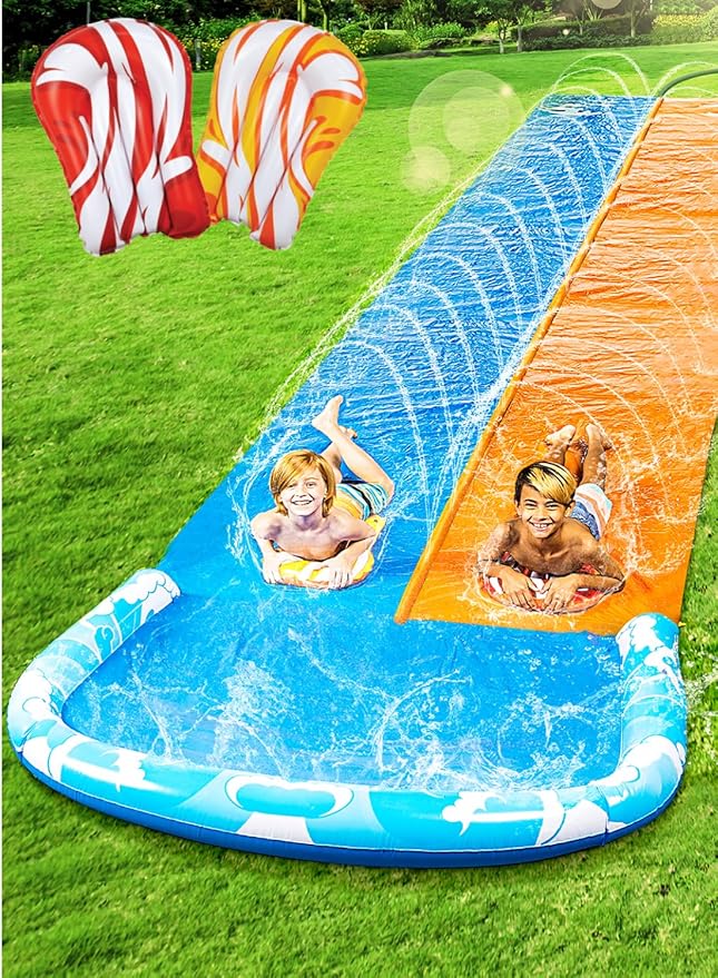 JOYIN 32.5FT Water Slide and 2 Inflatable Boards, Extra Long Double Lawn Heavy Duty Splash Mat Pad with Sprinkler for Kids Adults Backyard Summer Water Toy Outdoor Fun, Blue, Orange