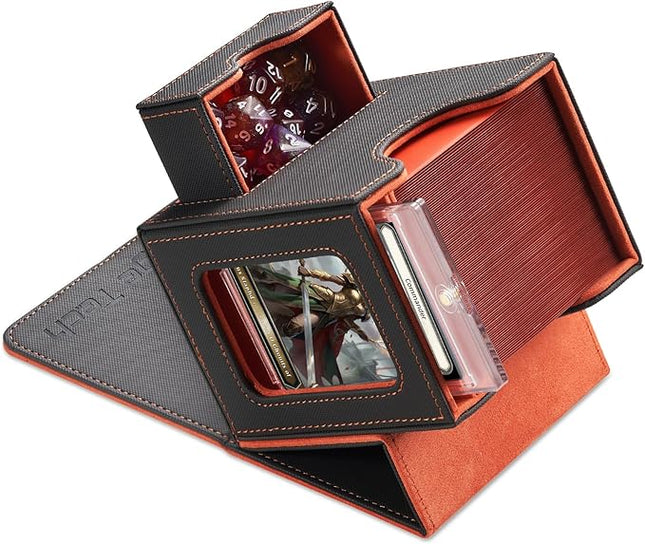 Mage Tech Card Deck Box for MTG Commander - Patented Design, Commander Display, Fits 100 Double-Sleeved Cards, 35pt Card Brick & Dice Tray - Grey/Orange