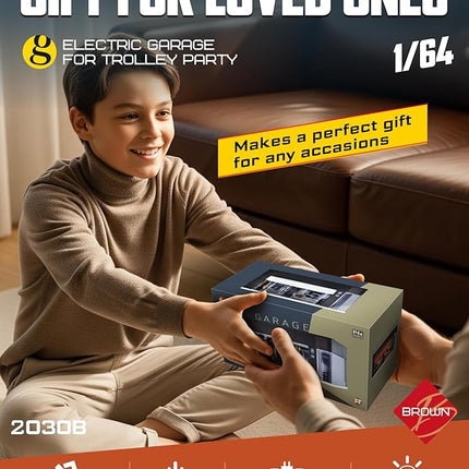 1/64 Scale Diecast Display Case for Hot Wheel Storage with LED Lights, Stackable Electric Garage with Voice Control, 3 Replaceable 3D Scenes Parking Lot Diorama for Model Cars (Brown)