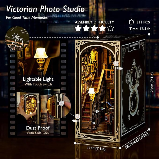 DIY Book Nook Kit, Dollhouse Miniature, Booknook Bookshelf Insert Alley 3D Wooden Puzzle, Bookends Model Building Kit with LED Light, Gift for Teens and Adults, Back to Memory