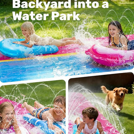 JOYIN 32.5FT Water Slide and 2 Inflatable Boards, Extra Long Heavy Duty Double Lawn Waterslide with Sprinkler for Kids Adults Backyard Summer Water Toy Outdoor Fun, Blue, Pink