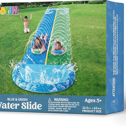 JOYIN 22.5FT Water Slide and 2 Inflatable Boards, Extra Long Heavy Duty Double Lawn Waterslide with Sprinkler for Kids Adults Backyard Summer Water Toy Outdoor Fun, Blue, Green