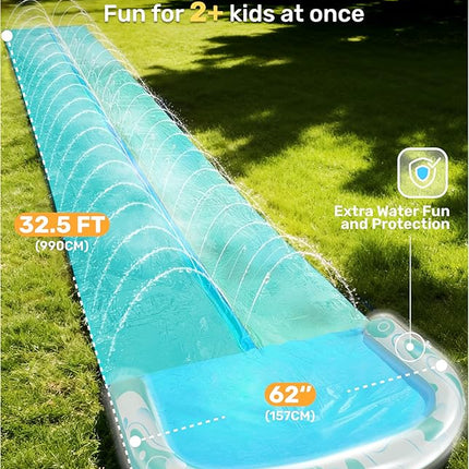 JOYIN 32.5FT Water Slide and 2 Inflatable Boards, Extra Long Heavy Duty Double Lawn Waterslide with Sprinkler for Kids Adults Backyard Summer Water Toy Outdoor Fun, Blue, Light Blue