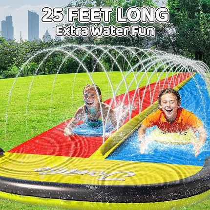 JAMBO 25ft Double Lane Slip Splash and Slide with 2 Bodyboards with Built in Sprinkler for Backyard Outdoor Water Fun for Kids