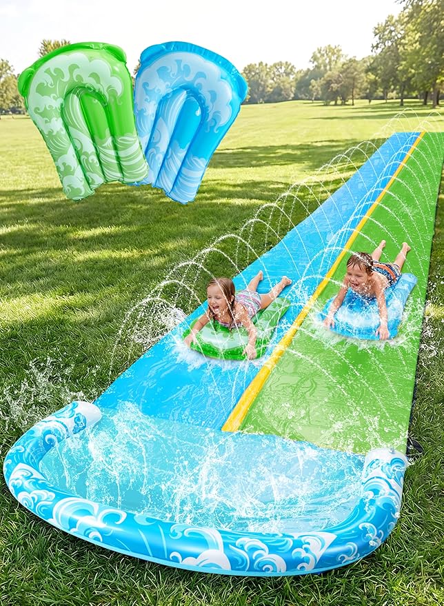 JOYIN 22.5FT Water Slide and 2 Inflatable Boards, Extra Long Heavy Duty Double Lawn Waterslide with Sprinkler for Kids Adults Backyard Summer Water Toy Outdoor Fun, Blue, Green