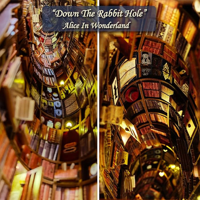 DIY Book Nook Kit, Alice in Wonderland, Dollhouse Miniature, Booknook Bookshelf Insert Alley 3D Wooden Puzzle, Bookends Model Building Kit, Gift for Teens and Adults, Falling Library