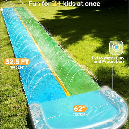 JOYIN 32.5FT Water Slide and 2 Inflatable Boards, Extra Long Heavy Duty Double Lawn Waterslide with Sprinkler for Kids Adults Backyard Summer Water Toy Outdoor Fun, Blue, Green