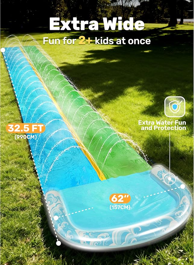 JOYIN 32.5FT Water Slide and 2 Inflatable Boards, Extra Long Heavy Duty Double Lawn Waterslide with Sprinkler for Kids Adults Backyard Summer Water Toy Outdoor Fun, Blue, Green