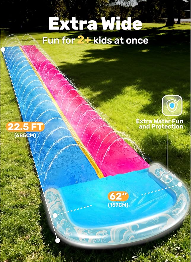 JOYIN 32.5FT Water Slide and 2 Inflatable Boards, Extra Long Heavy Duty Double Lawn Waterslide with Sprinkler for Kids Adults Backyard Summer Water Toy Outdoor Fun, Blue, Pink