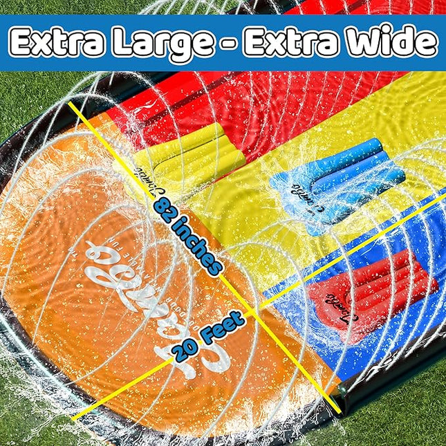 JAMBO Premium Triple Water Slide with 3 Bodyboards, 20Ft Heavy Duty Slip Splash and Slides-Advanced 3-Way Sprinkler System, Splash Pad Mat Backyard Summer Outdoor Water Toys n Long Slides for Kids