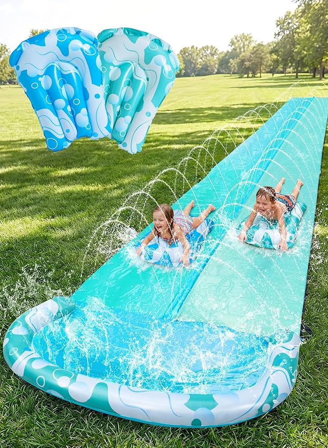 JOYIN 32.5FT Water Slide and 2 Inflatable Boards, Extra Long Heavy Duty Double Lawn Waterslide with Sprinkler for Kids Adults Backyard Summer Water Toy Outdoor Fun, Blue, Light Blue
