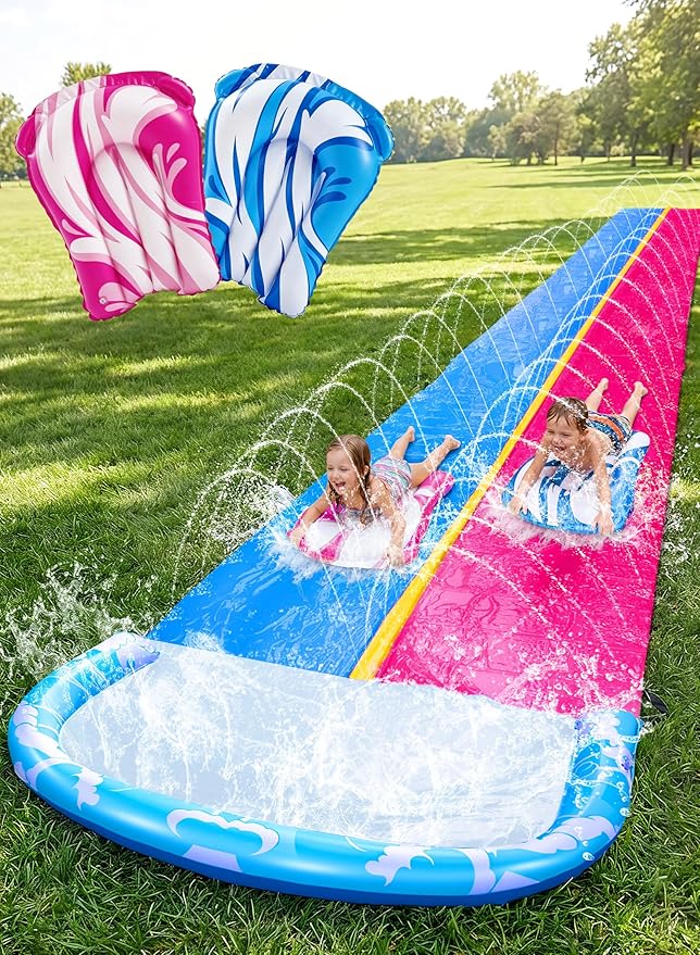 JOYIN 22.5FT Water Slide and 2 Inflatable Boards, Extra Long Heavy Duty Double Lawn Waterslide with Sprinkler for Kids Adults Backyard Summer Water Toy Outdoor Fun, Blue, Pink