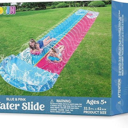 JOYIN 32.5FT Water Slide and 2 Inflatable Boards, Extra Long Heavy Duty Double Lawn Waterslide with Sprinkler for Kids Adults Backyard Summer Water Toy Outdoor Fun, Blue, Pink