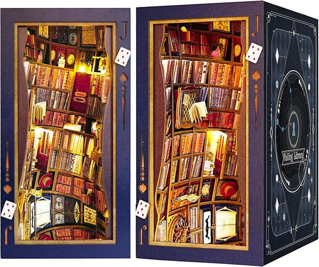 DIY Book Nook Kit, Alice in Wonderland, Dollhouse Miniature, Booknook Bookshelf Insert Alley 3D Wooden Puzzle, Bookends Model Building Kit, Gift for Teens and Adults, Falling Library