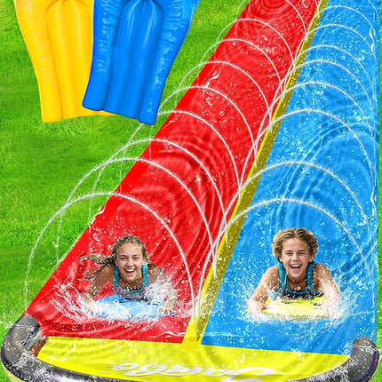 JAMBO 25ft Double Lane Slip Splash and Slide with 2 Bodyboards with Built in Sprinkler for Backyard Outdoor Water Fun for Kids