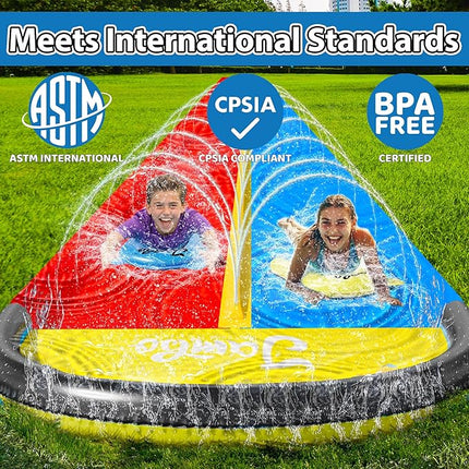 JAMBO 25ft Double Lane Slip Splash and Slide with 2 Bodyboards with Built in Sprinkler for Backyard Outdoor Water Fun for Kids