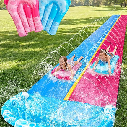 JOYIN 32.5FT Water Slide and 2 Inflatable Boards, Extra Long Heavy Duty Double Lawn Waterslide with Sprinkler for Kids Adults Backyard Summer Water Toy Outdoor Fun, Blue, Pink